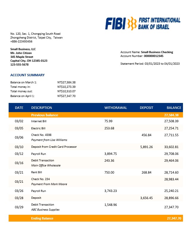 Modèle Word et PDF de relevé de compte d'entreprise FIBI Bank